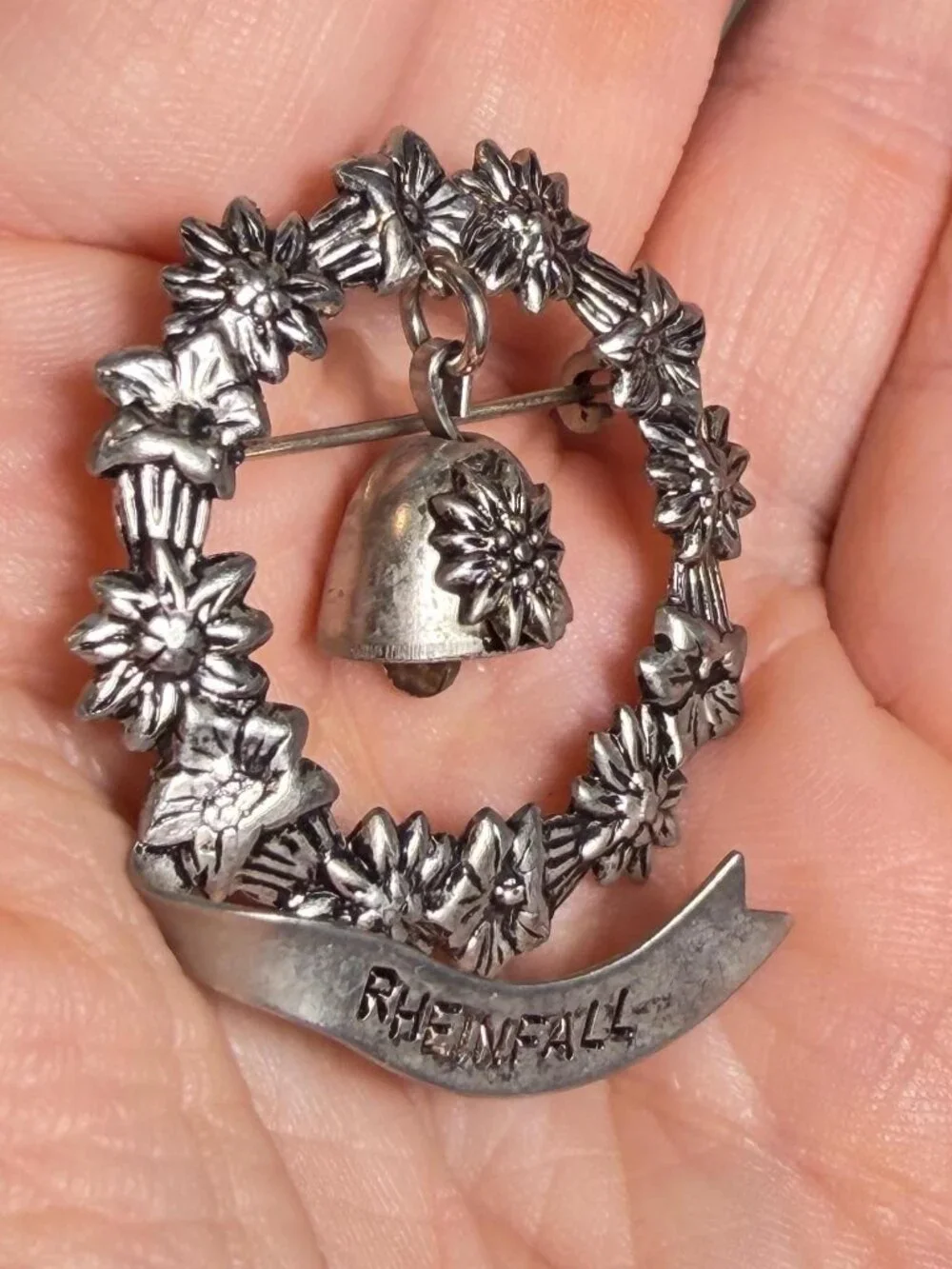 Vintage Rheinfall Swiss Alps Edelweiss Cowbell Souvenir Brooch Pin 1.75”